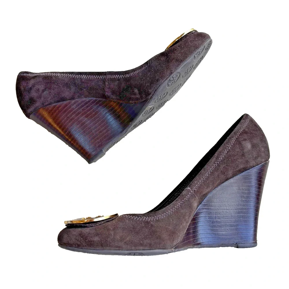 Tory Burch Brown Suede Pumps Wedge High Heels Round Logo Shoes Ladies US 9.5M